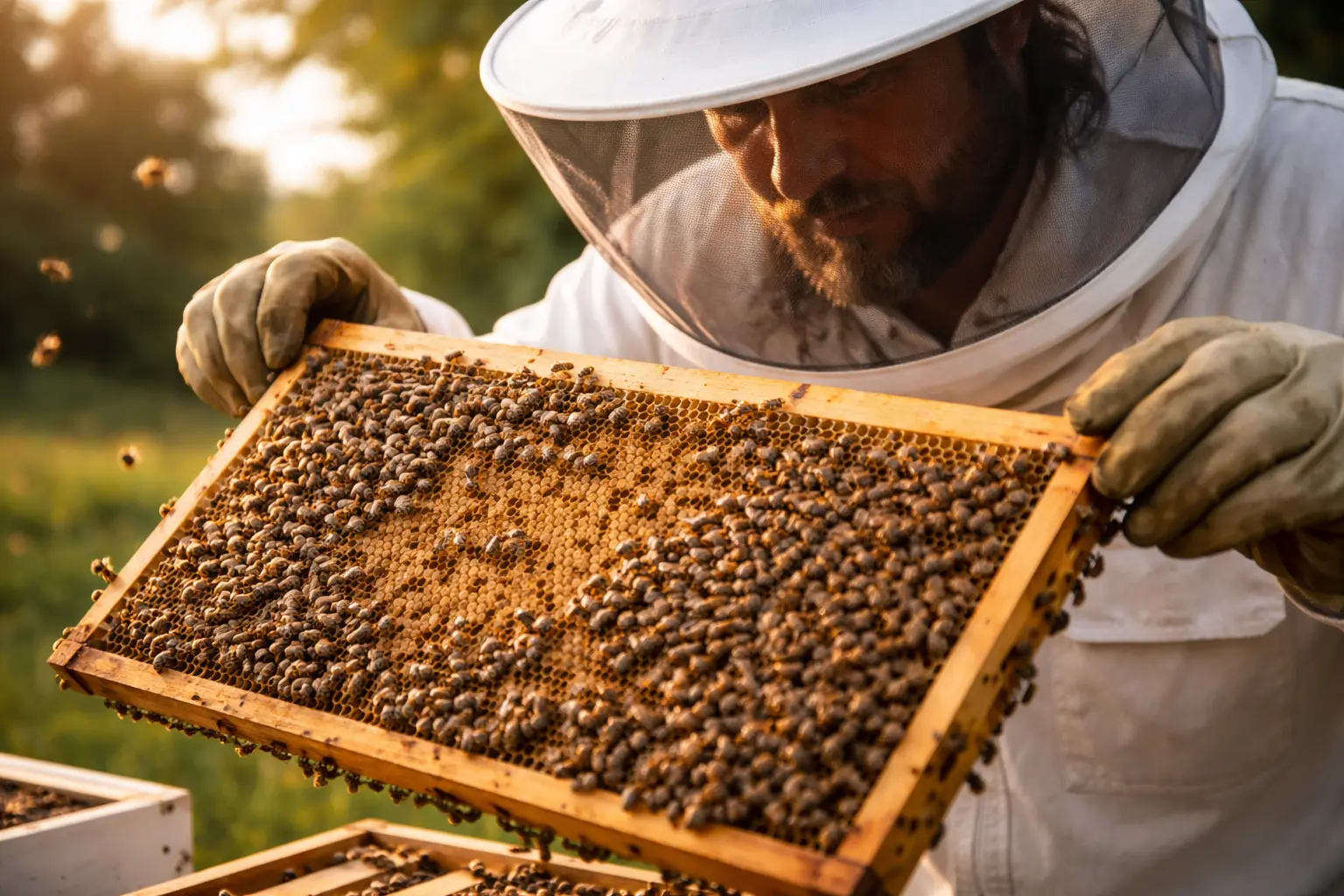 Beekeeper inspecting brood frames while checking for queen presence in a honey bee colony